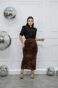 Saia Midi Casual Paetê Marrom Glamour com Brilho
