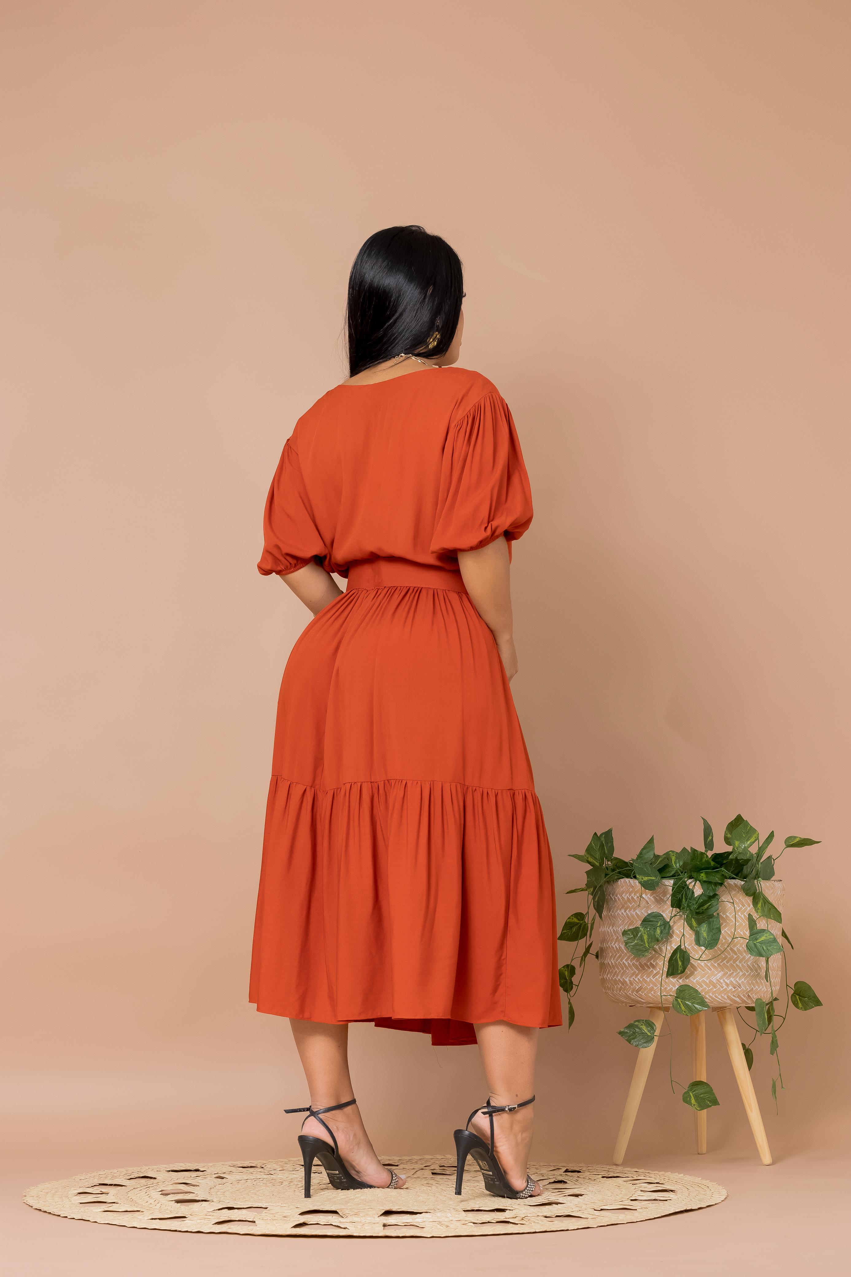 Vestido Rosana Terracota Saia Estilo Godê Manga Bufante Gola Canoa