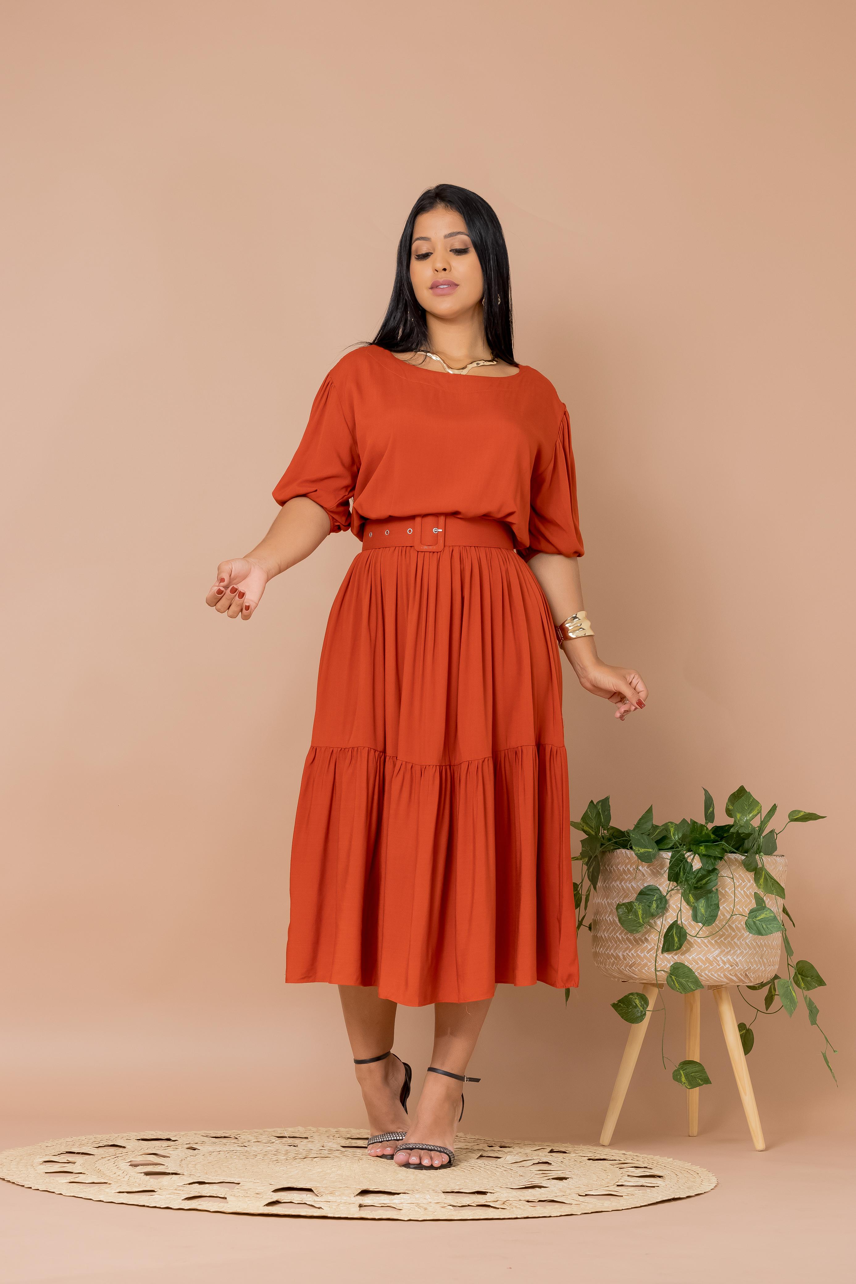 Vestido Rosana Terracota Saia Estilo Godê Manga Bufante Gola Canoa