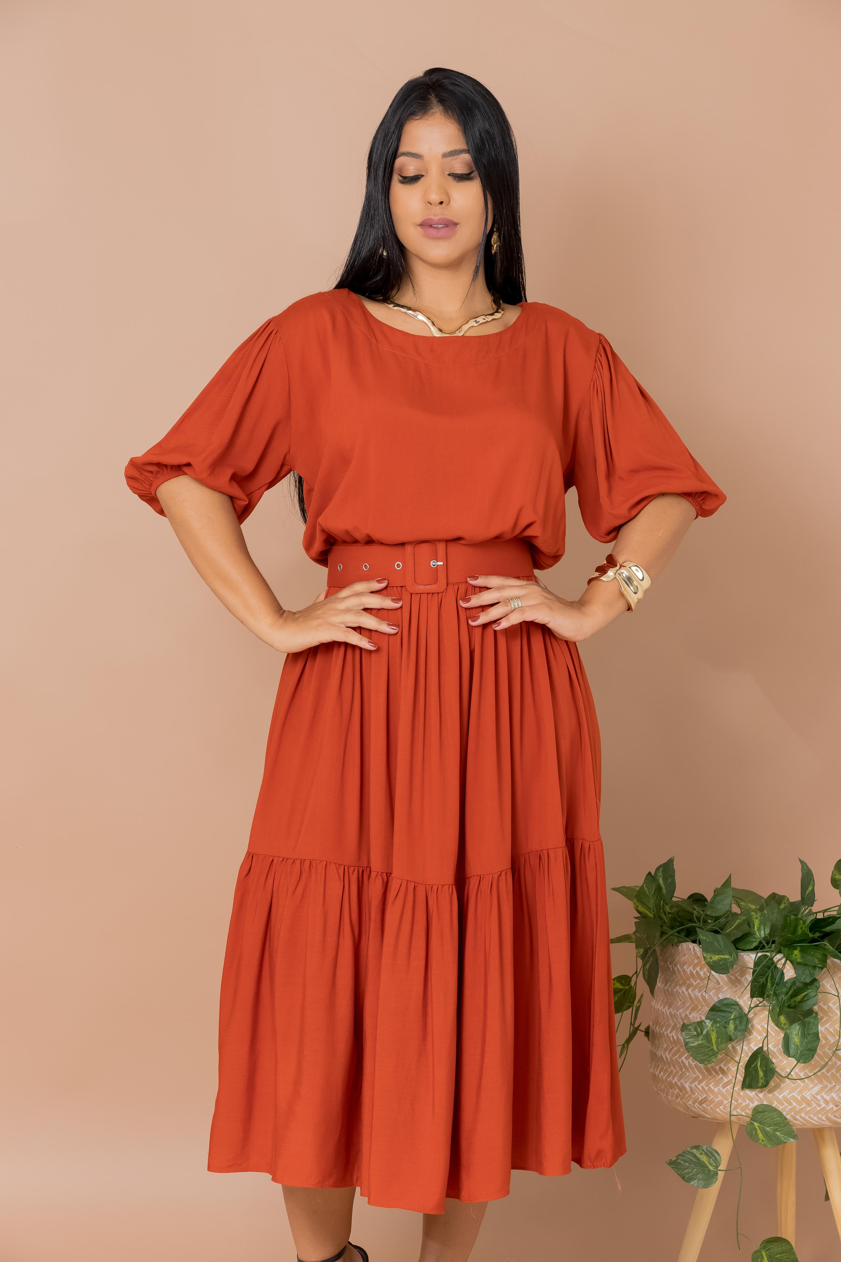 Vestido Rosana Terracota Saia Estilo Godê Manga Bufante Gola Canoa