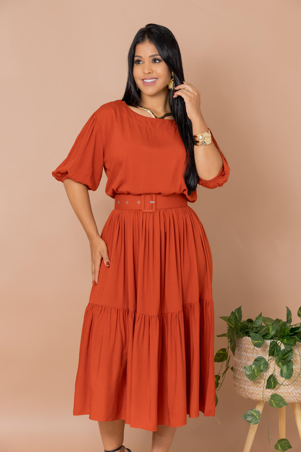 Vestido Rosana Terracota Saia Estilo Godê Manga Bufante Gola Canoa
