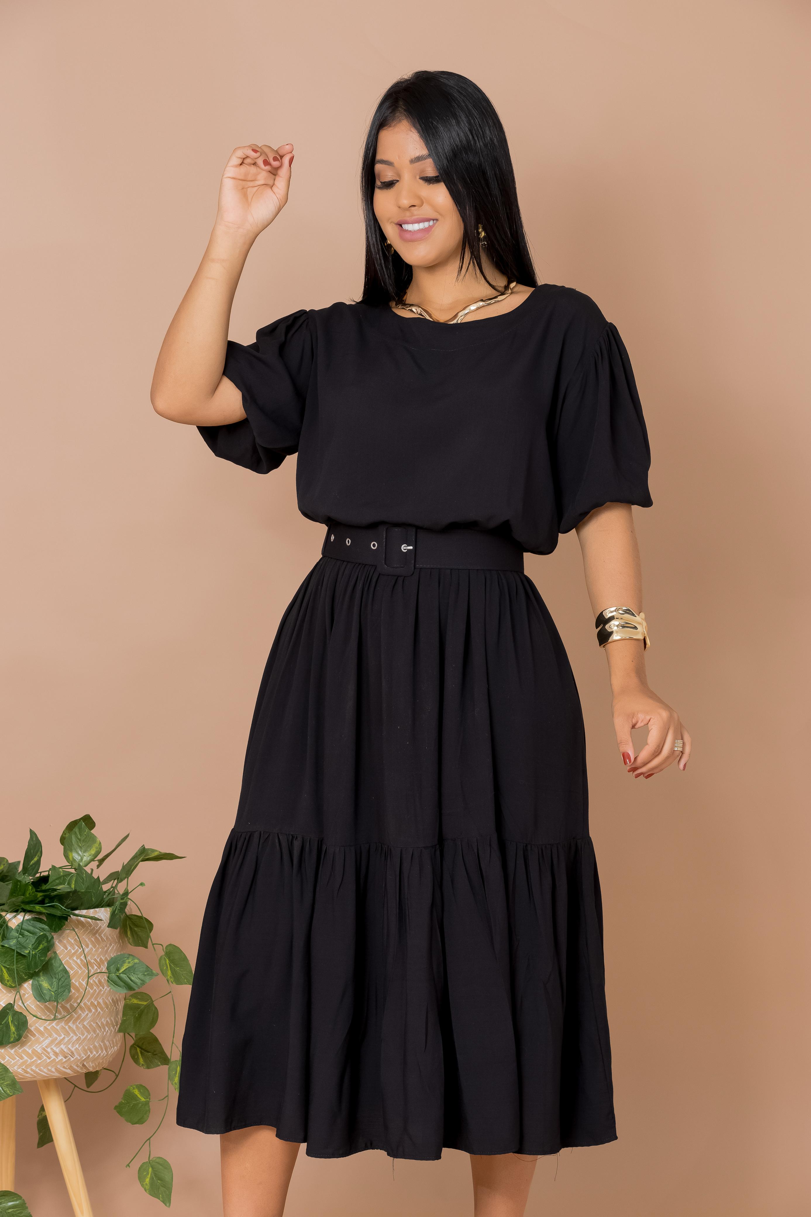 Vestido Rosana Preto Saia Estilo Godê Manga Bufante Gola Canoa