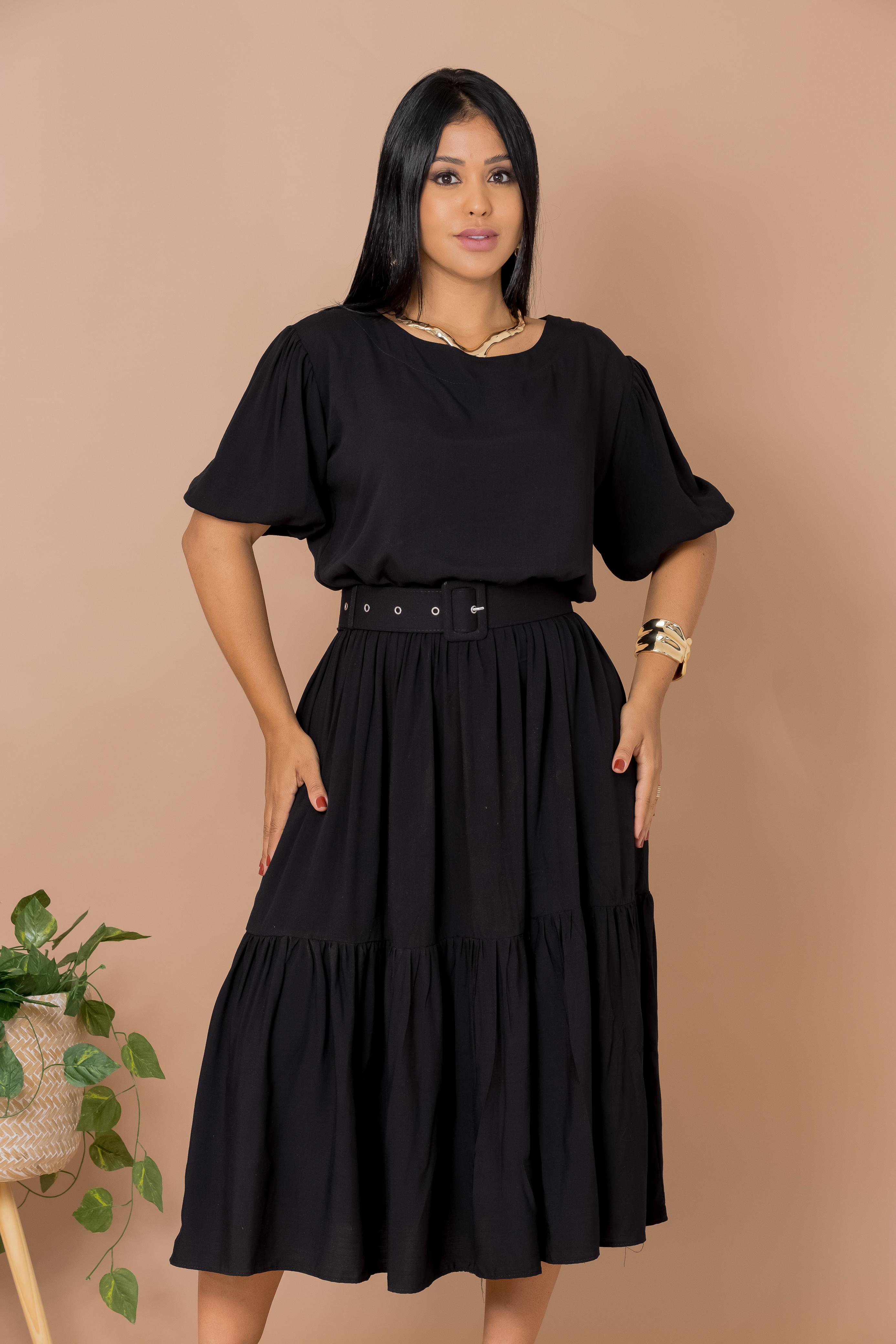 Vestido Rosana Preto Saia Estilo Godê Manga Bufante Gola Canoa