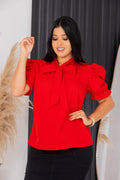 Blusa Social Emily Vermelho Manga Curta Gola com Laço Manga Bufante