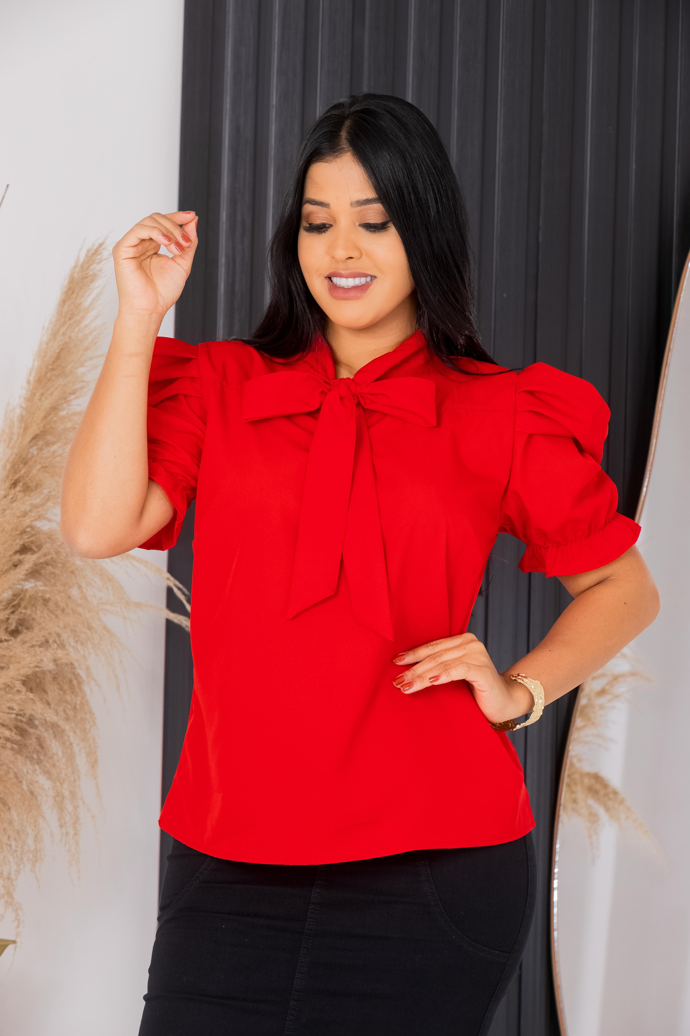 Blusa Social Emily Vermelho Manga Curta Gola com Laço Manga Bufante