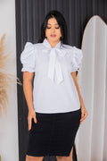 Blusa Social Emily Branco Manga Curta Gola com Laço Manga Bufante