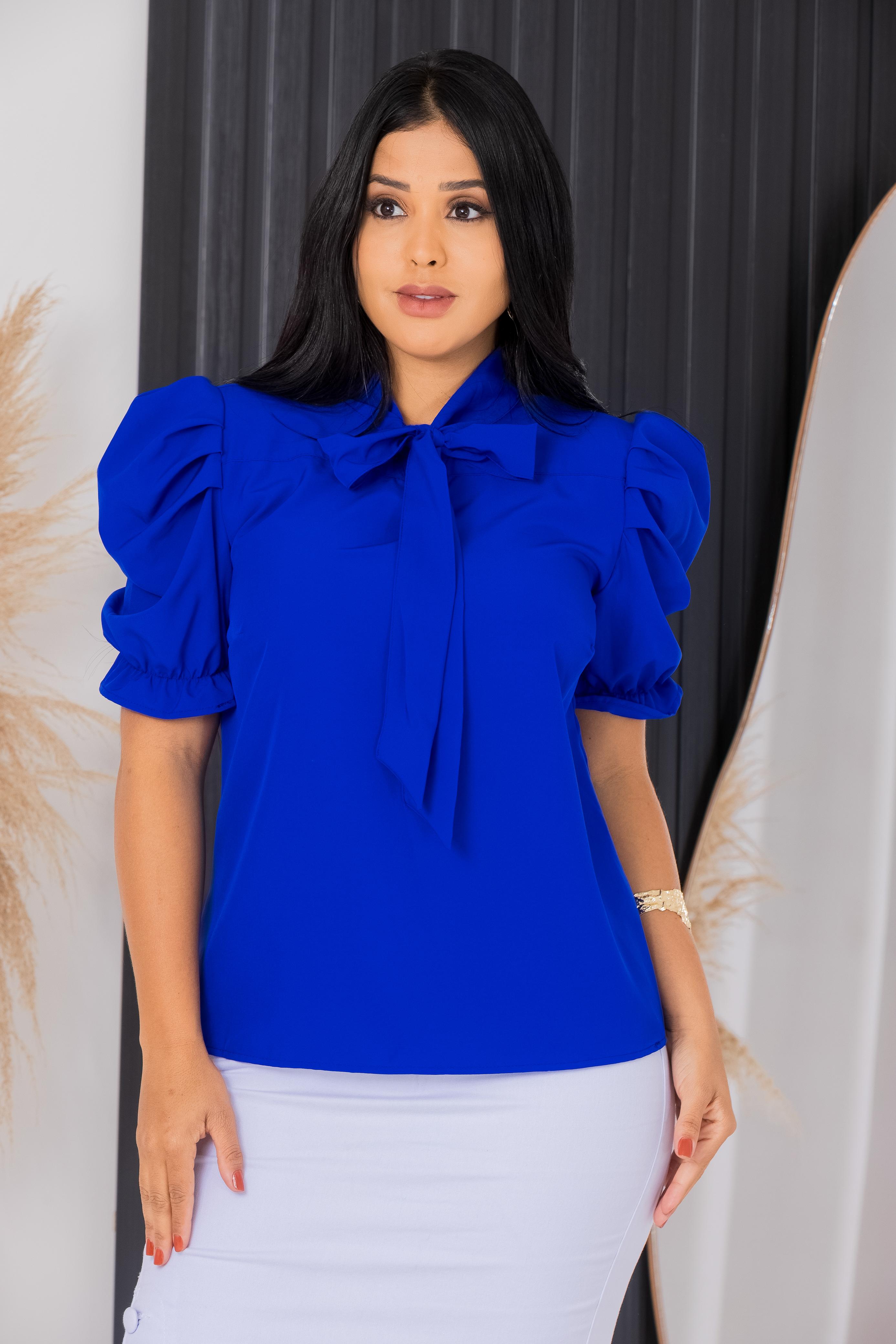 Blusa Social Emily Azul Royal Manga Curta Gola com Laço Manga Bufante