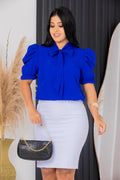 Blusa Social Emily Azul Royal Manga Curta Gola com Laço Manga Bufante