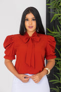 Blusa Social Emily Terracota Manga Curta Gola com Laço Manga Bufante