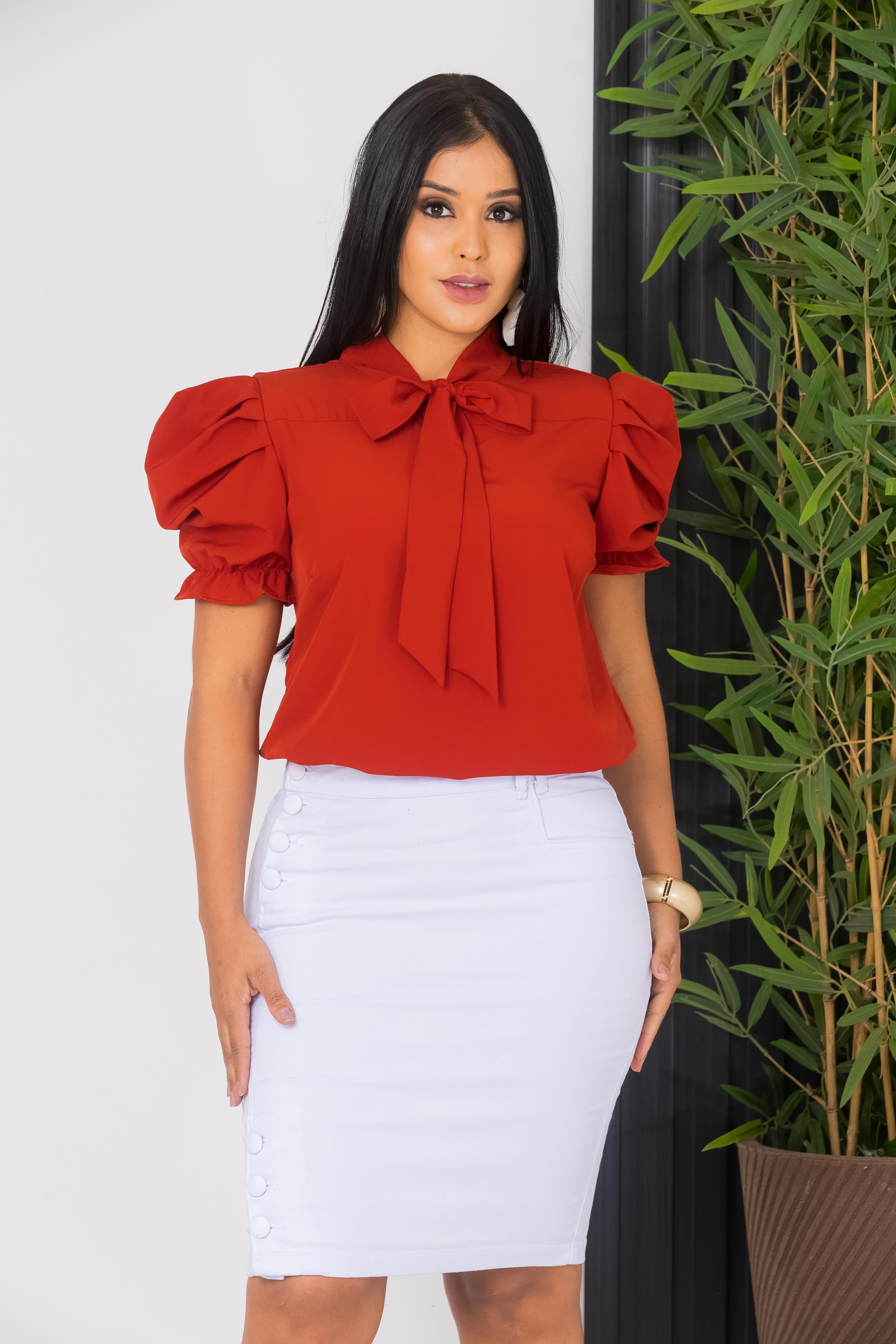 Blusa Social Emily Terracota Manga Curta Gola com Laço Manga Bufante